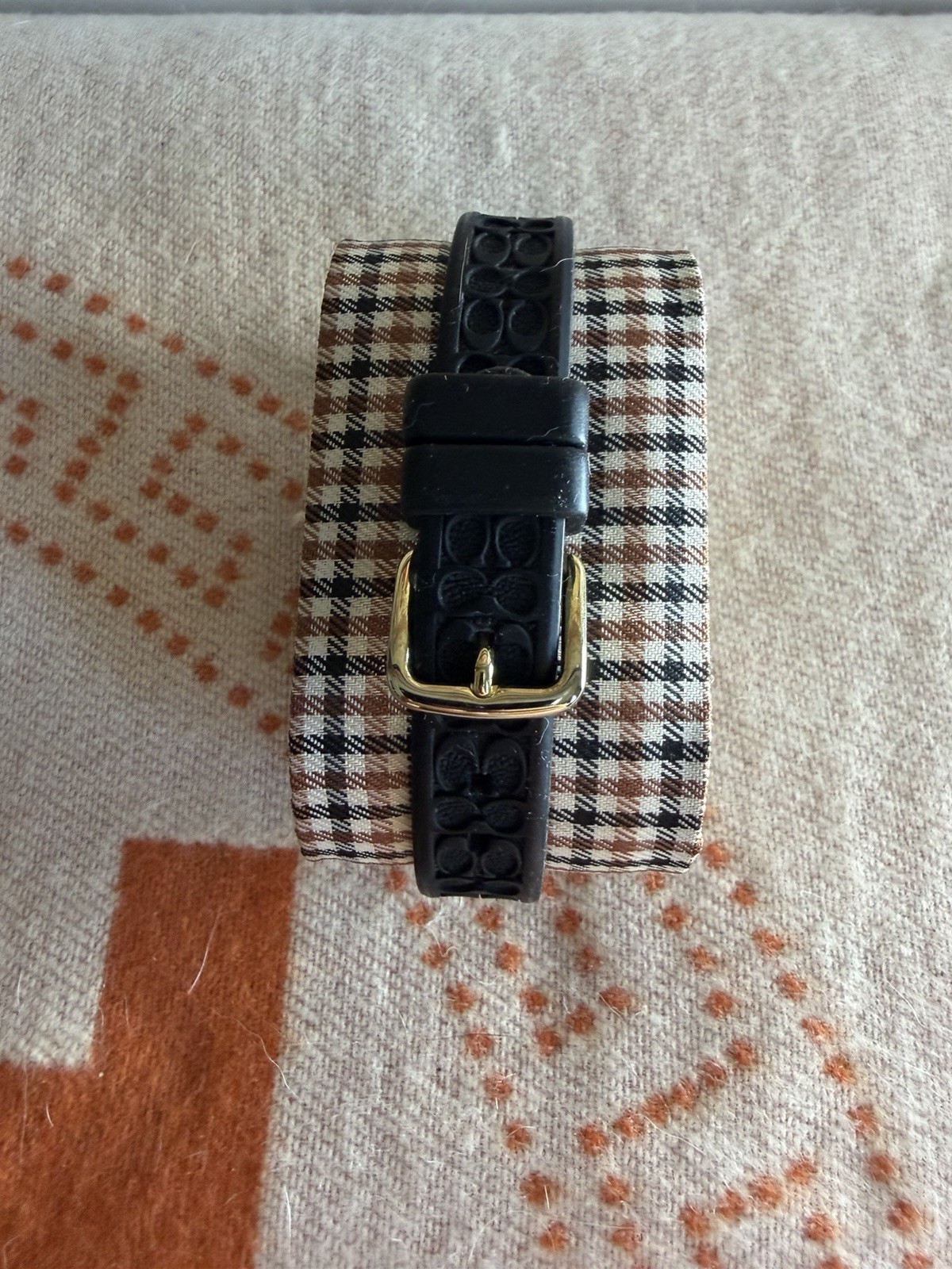 Coach Women’s Quartz Analog Watch Gold Dial/Case Black Rubber Strap 43mm