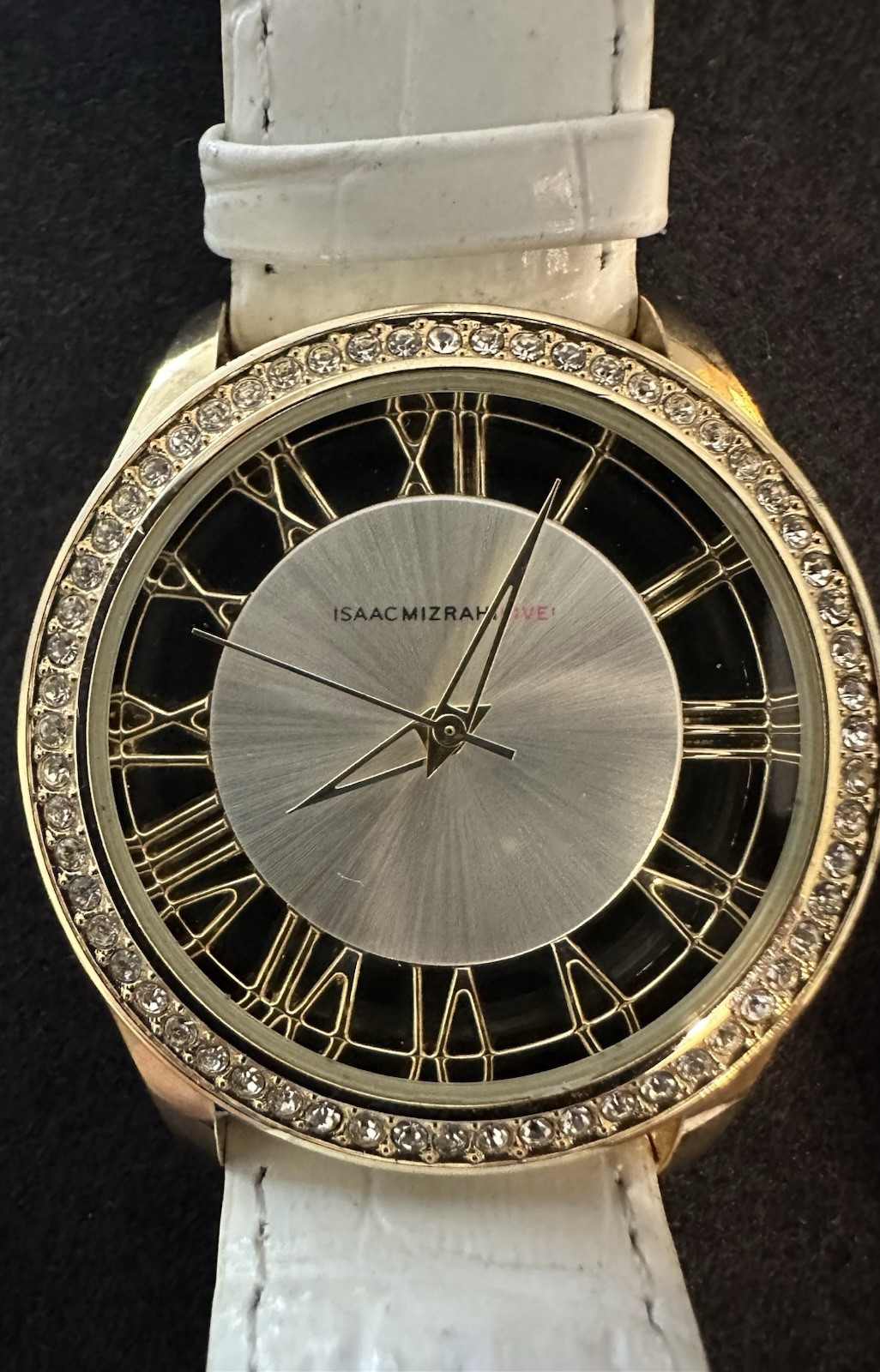 Isaac Mizrahi Live! Women’s Gold-Tone Crystal Bezel Quartz Watch White Strap