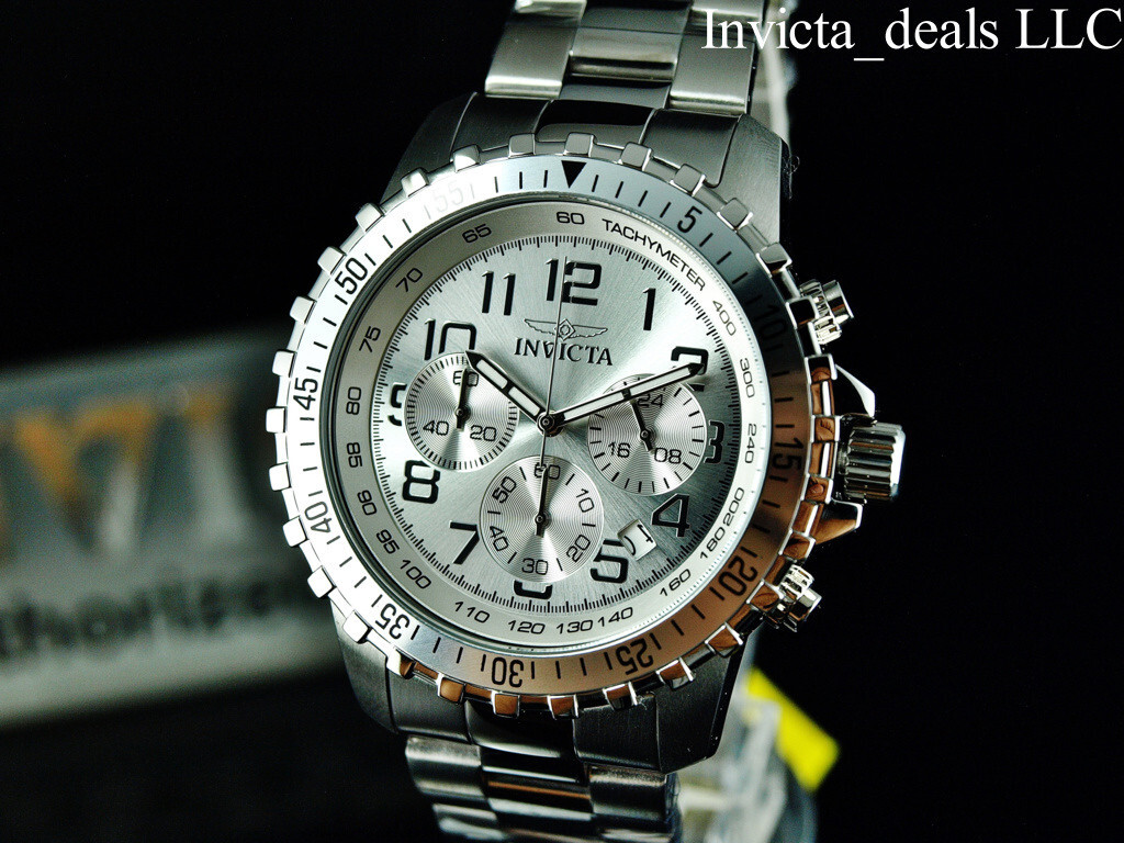Invicta Men’s 45mm Specialty PILOT Chronograph SILVER DIAL Silver Tone SS Watch
