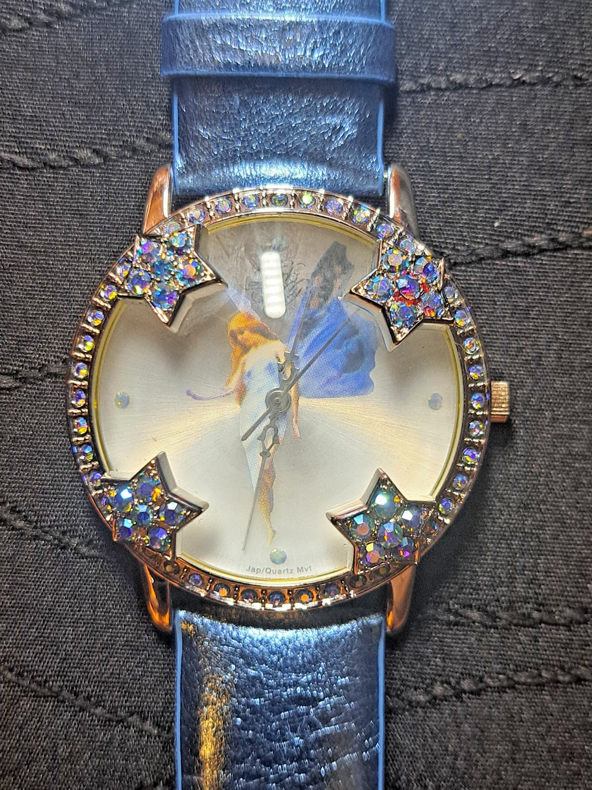 Vintage Kirks Folly Angel Watch Rhinestone Stars New Battery Works Blue Star