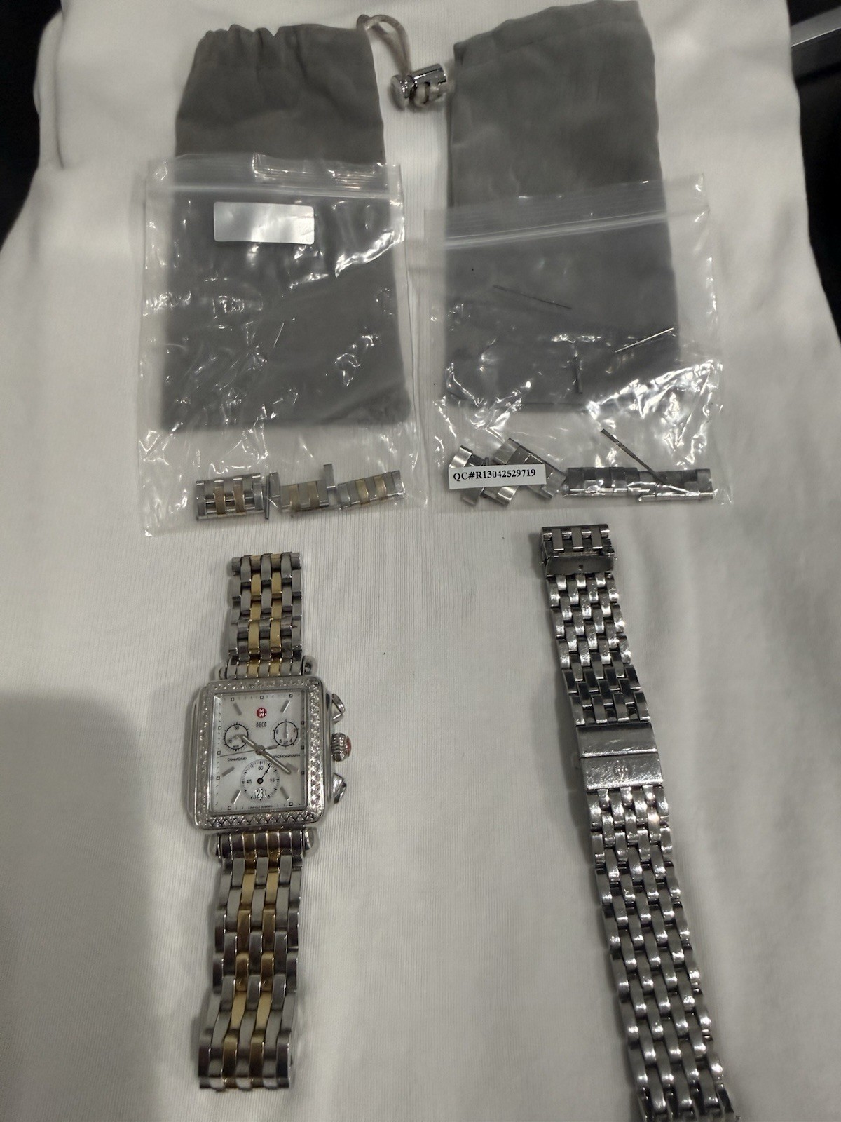 Michele Deco Diamond Chronograph Watch 71-6000 MOP Box Bands Links Complete Set