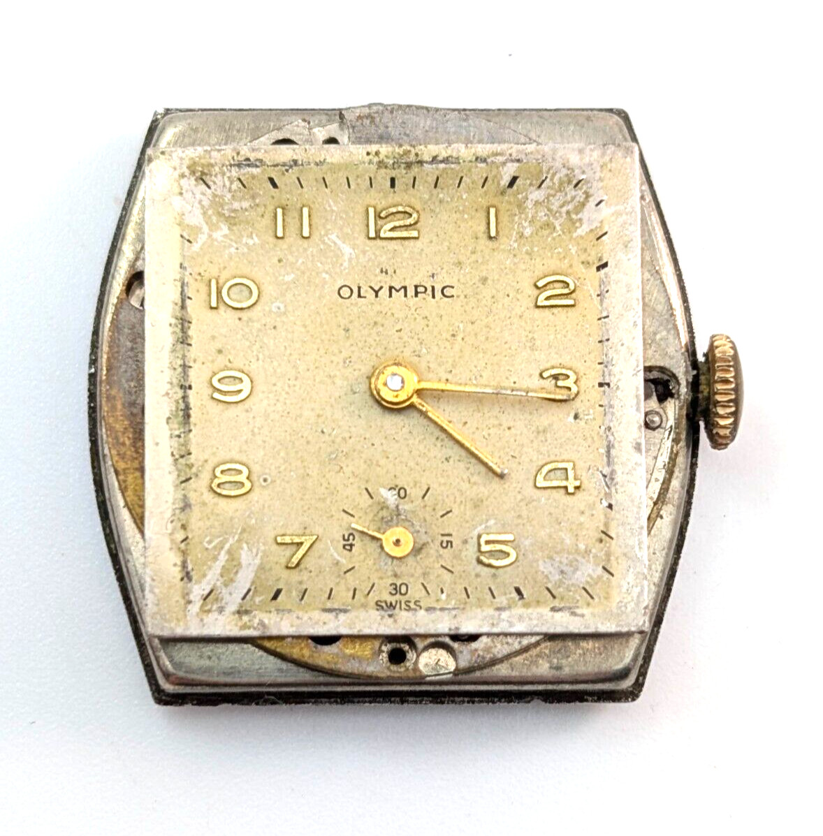 Vintage OLYMPIC Gsell & Co 7j 28mm Swiss Watch Movement & Rear Case PARTS REPAIR