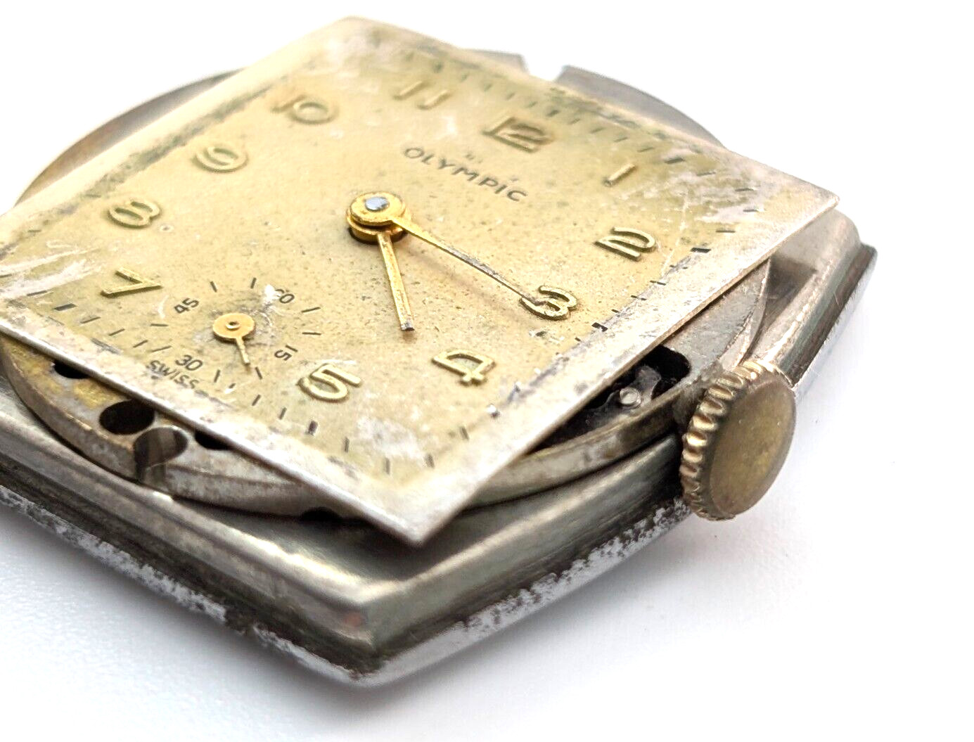 Vintage OLYMPIC Gsell & Co 7j 28mm Swiss Watch Movement & Rear Case PARTS REPAIR