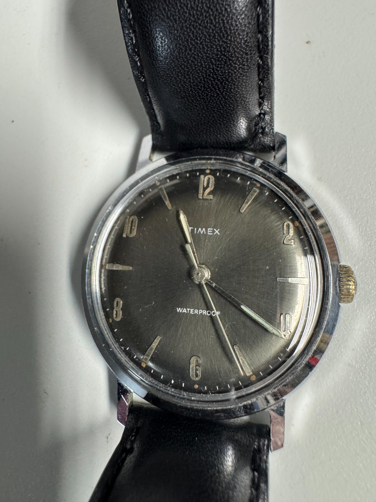 Timex Vintage 1960s Marlin Wind Up 34MM Midnight Sunburst New Crystal Runs Good