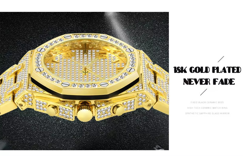 Moissanite like Zircon(AAA) diamond Quartz Watch | Octagonal Waterproof Calendar