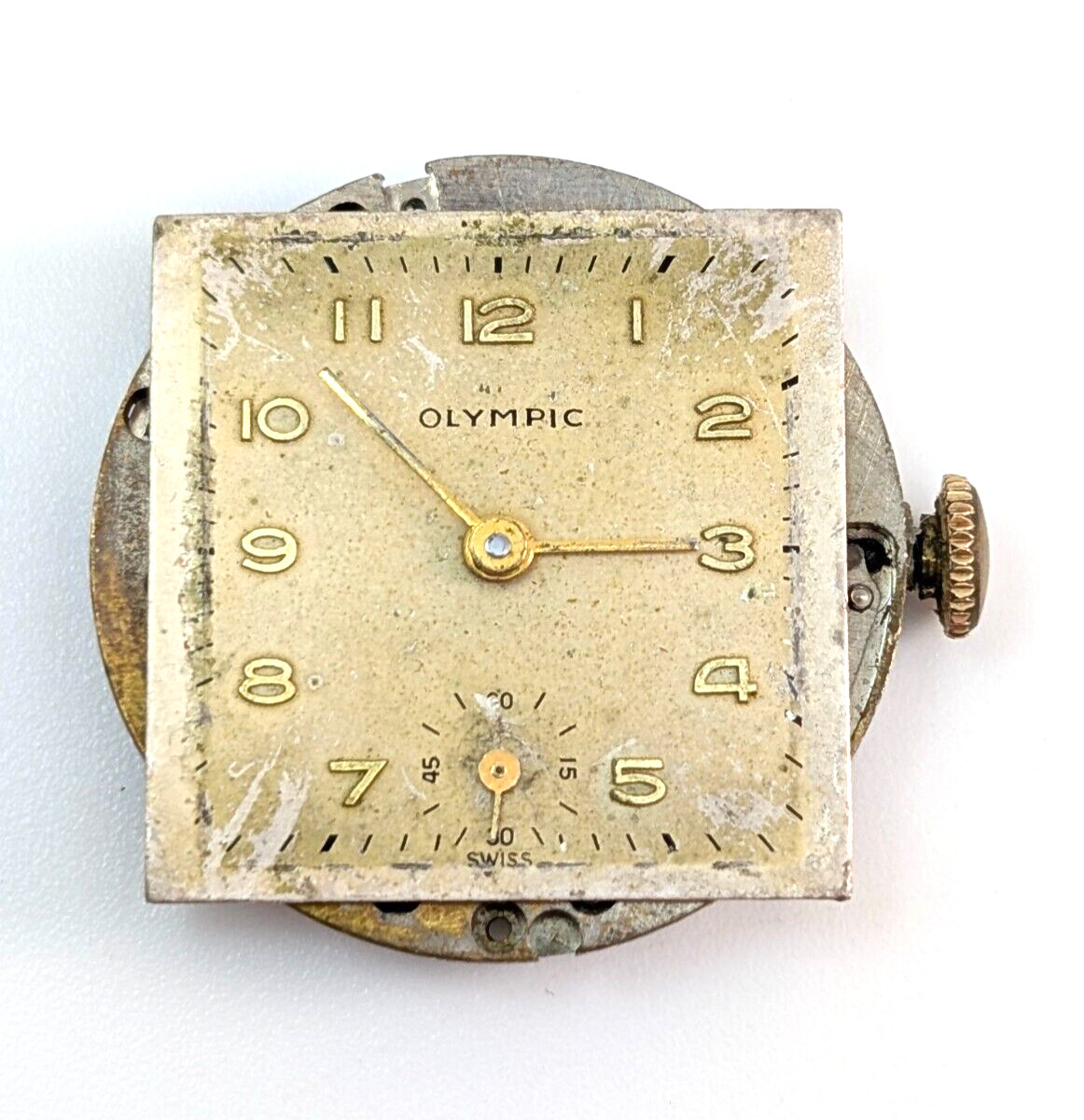 Vintage OLYMPIC Gsell & Co 7j 28mm Swiss Watch Movement & Rear Case PARTS REPAIR