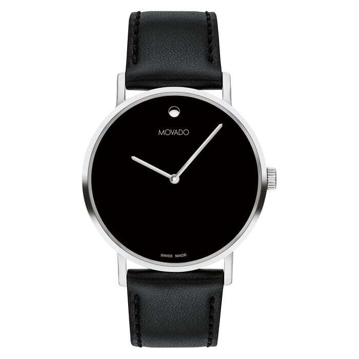 MOVADO SIGNATURE 0607589 40MM STAINLESS STEEL BLACK LEATHER STRAP MEN’S WATCH