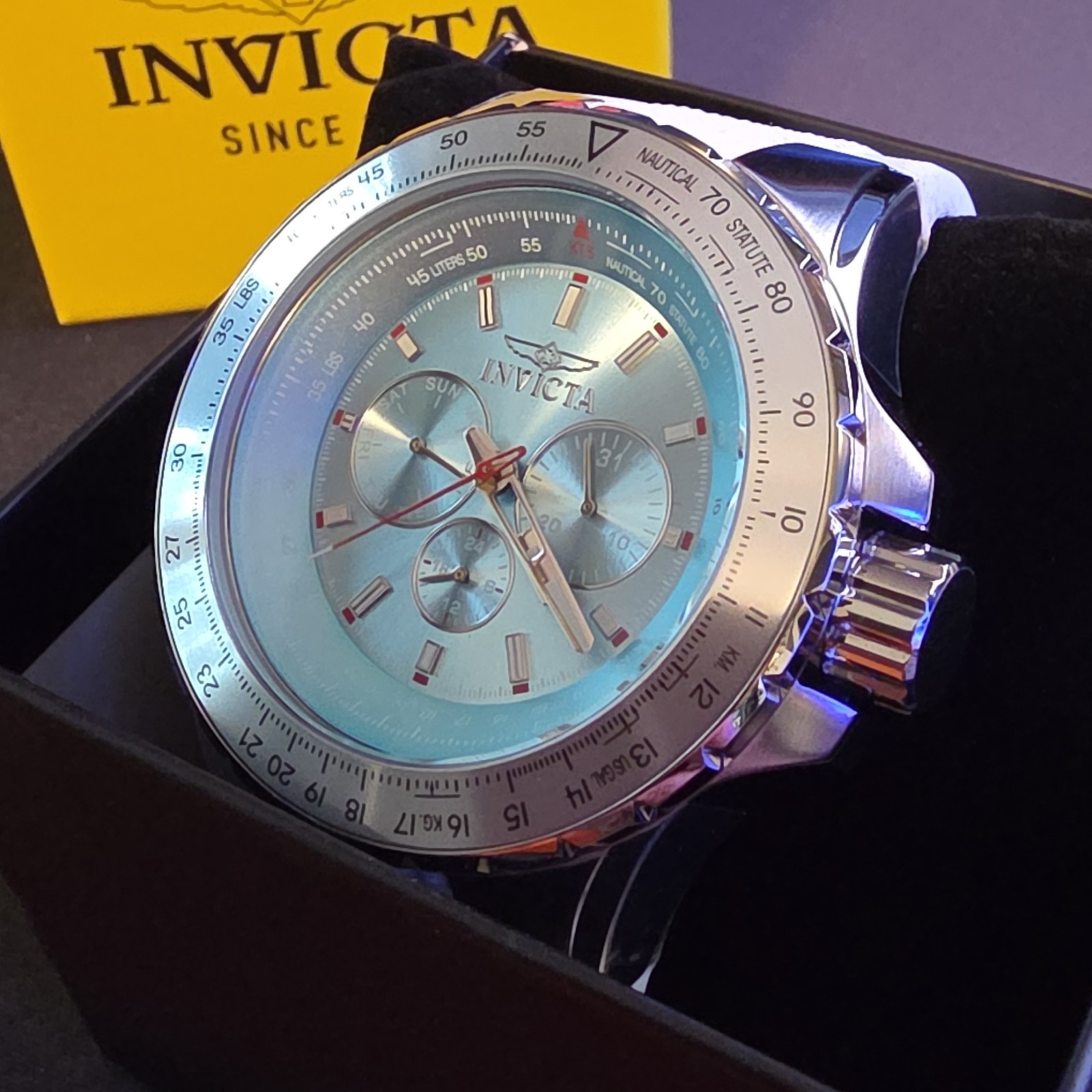 Invicta Men’s Aviator Quartz Analog Watch Blue Dial Day 24Hr Silver SS White