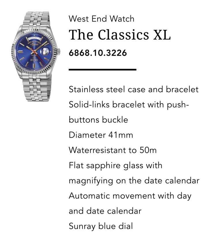 West End Watch Co 6868.10.3226R Classic XL 41mm Blue Dial Watch