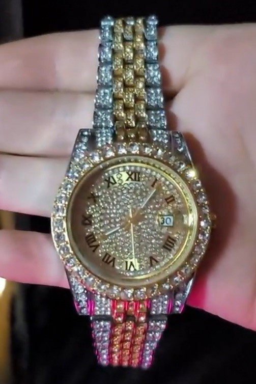 Two-Tone Gold/Silver Gemmed Bezel Roman Numeral Date Analog Metal Watch