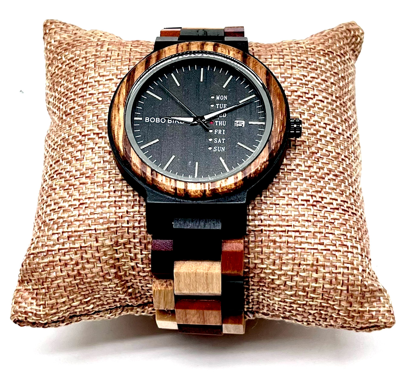 BOBO BIRD Handmade Wooden Watch Black Dial Day Date Display