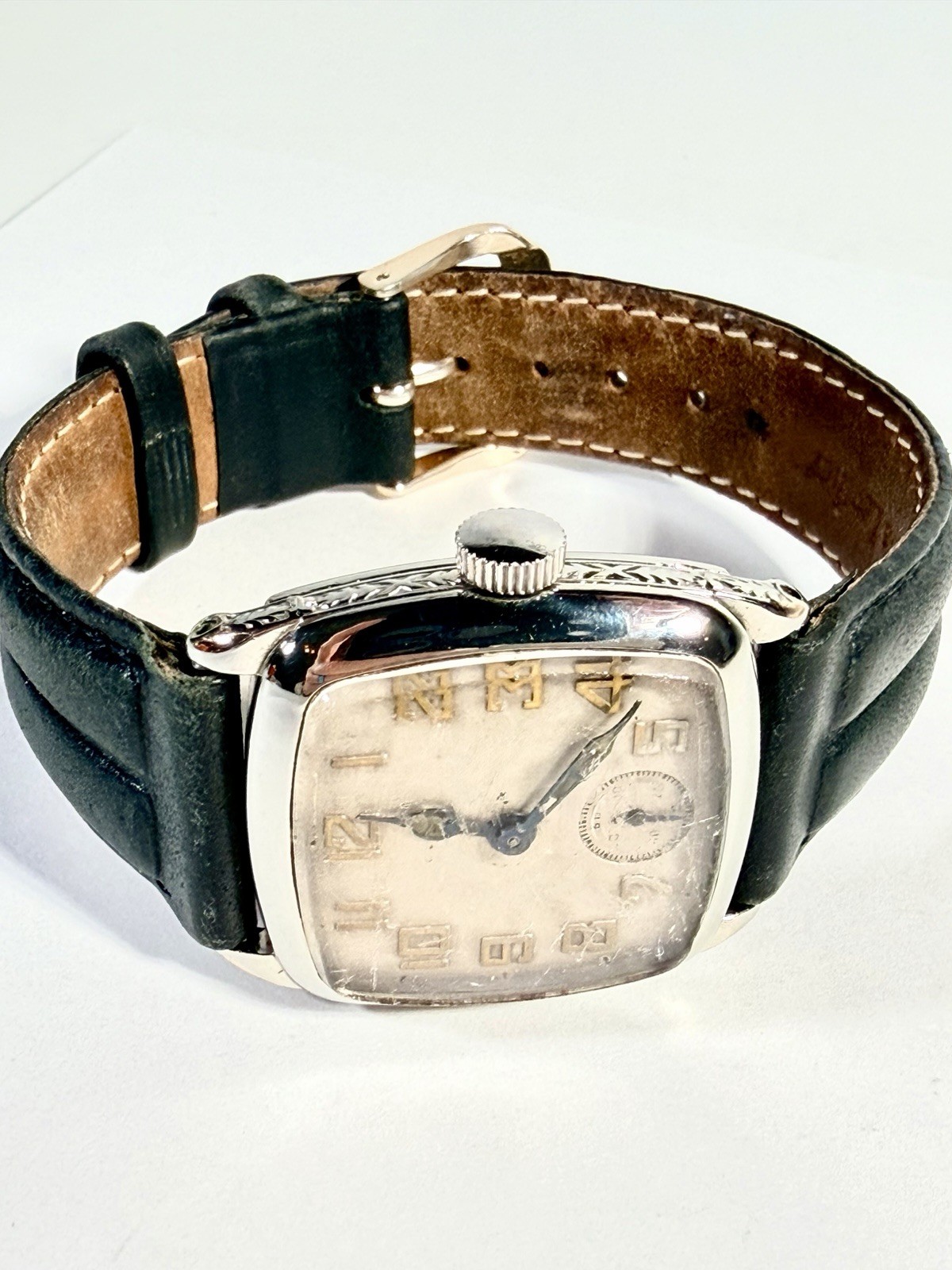 Vintage 1933 Elgin Art Deco 14K White Gold Filled Cushion Men’s Watch RUNS -3G