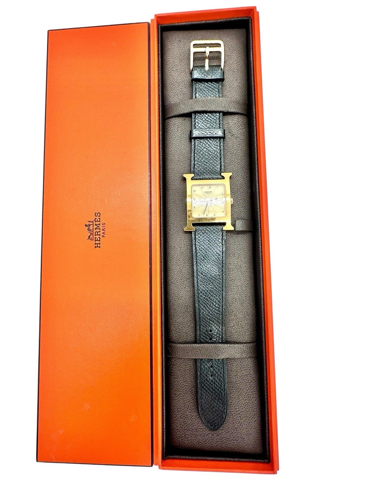 Hermès Heure HH1.501 Watch Leather Strap Unisex Quartz Box Epsom Leather Gold Plated