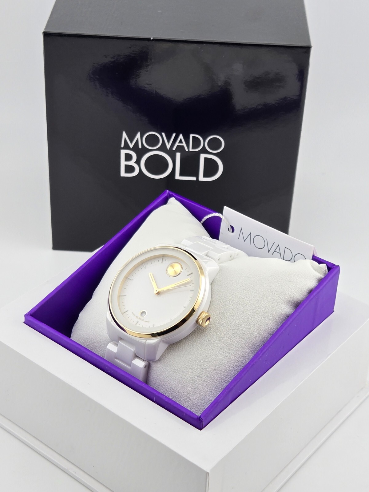 $895 MSRP | Movado Bold Verso Women’s Gold Accent White Ceramic Watch – 3600934