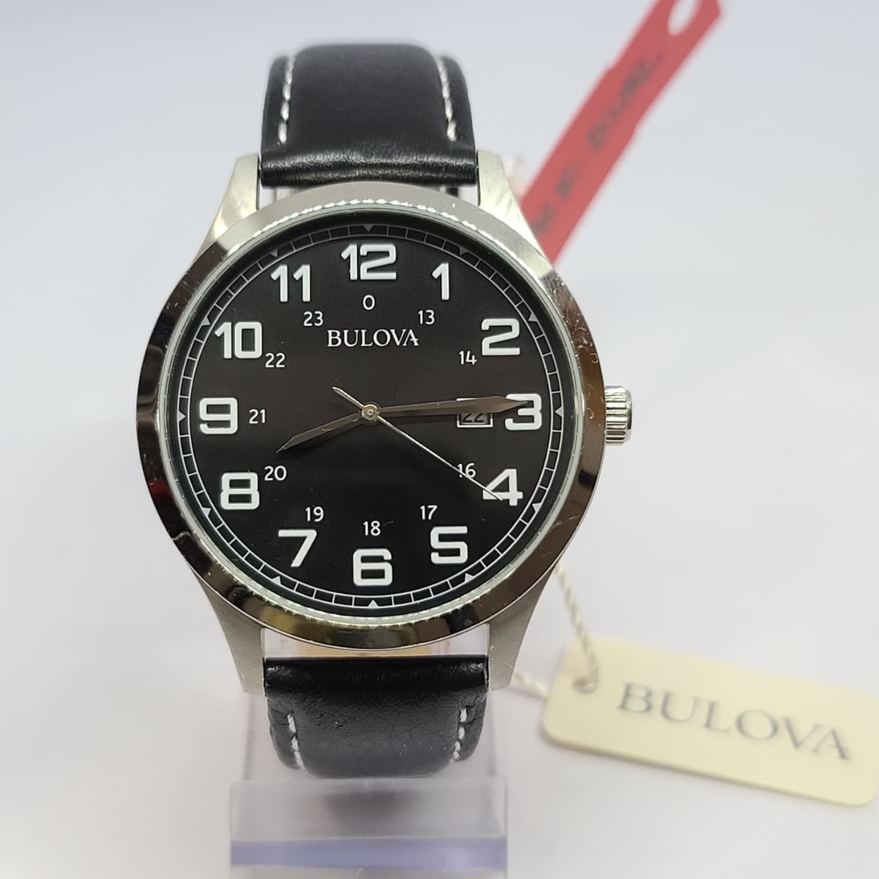 BULOVA MENS CLASSIC DRESS BLACK DIAL WATCH WITH LEATHER STRAP MB5N-23