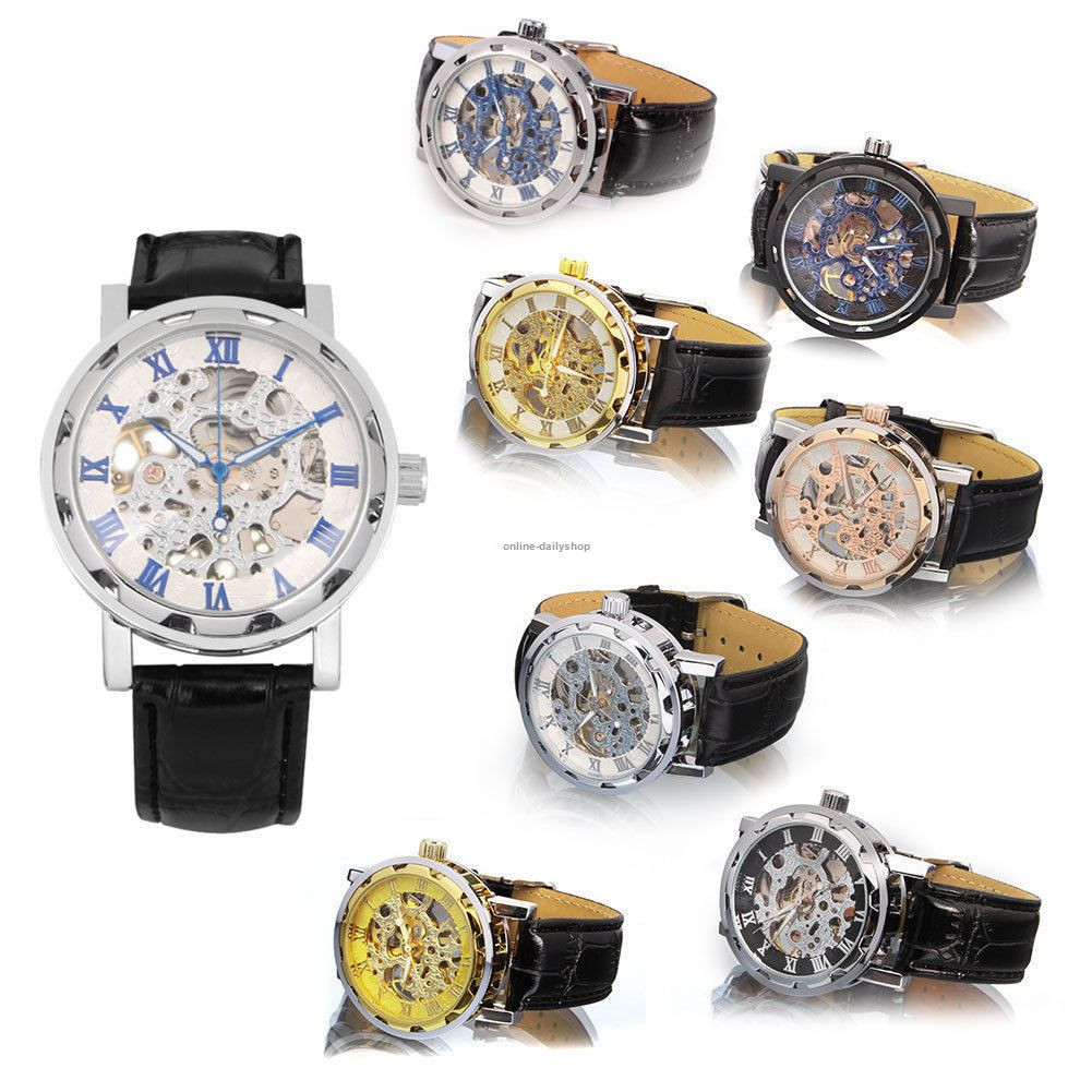 Men’s Skeleton Mechanical Wrist Watch Steampunk Luxury Black Leather Stainless