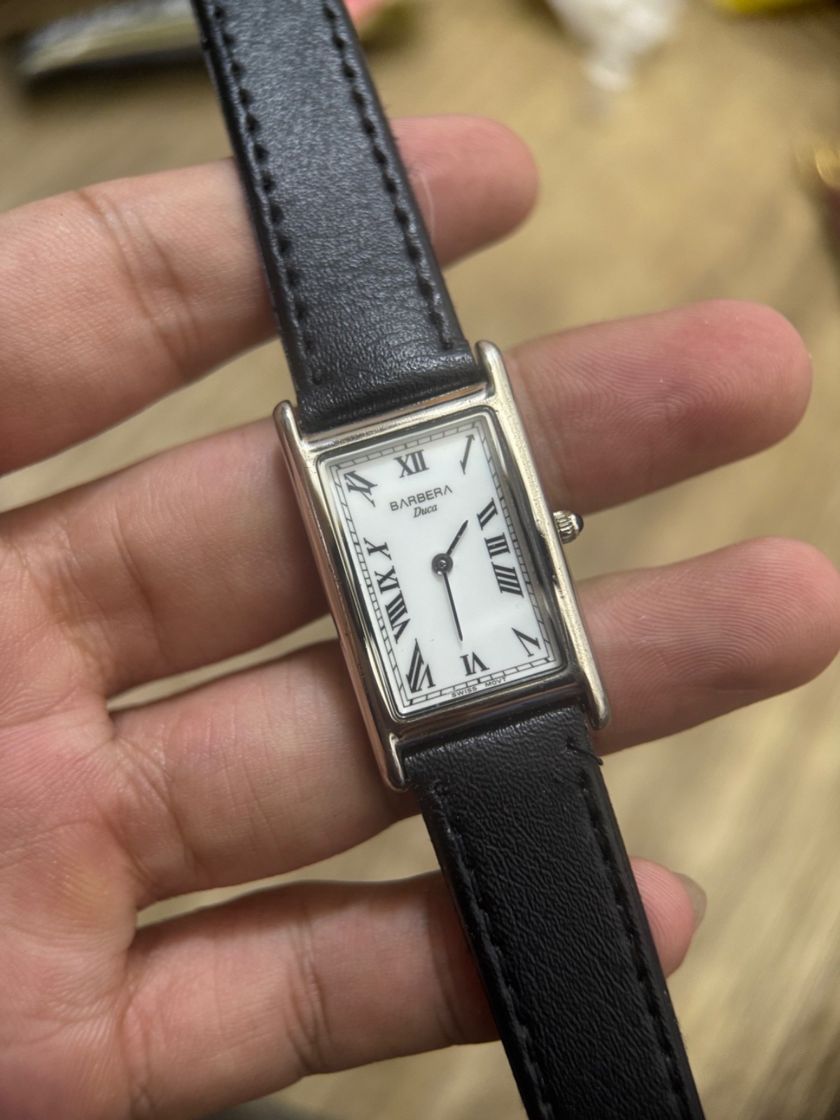 Vintage BARBERA Duca Tank Quartz Swiss Dress Watch White Roman Dial 24x36mm