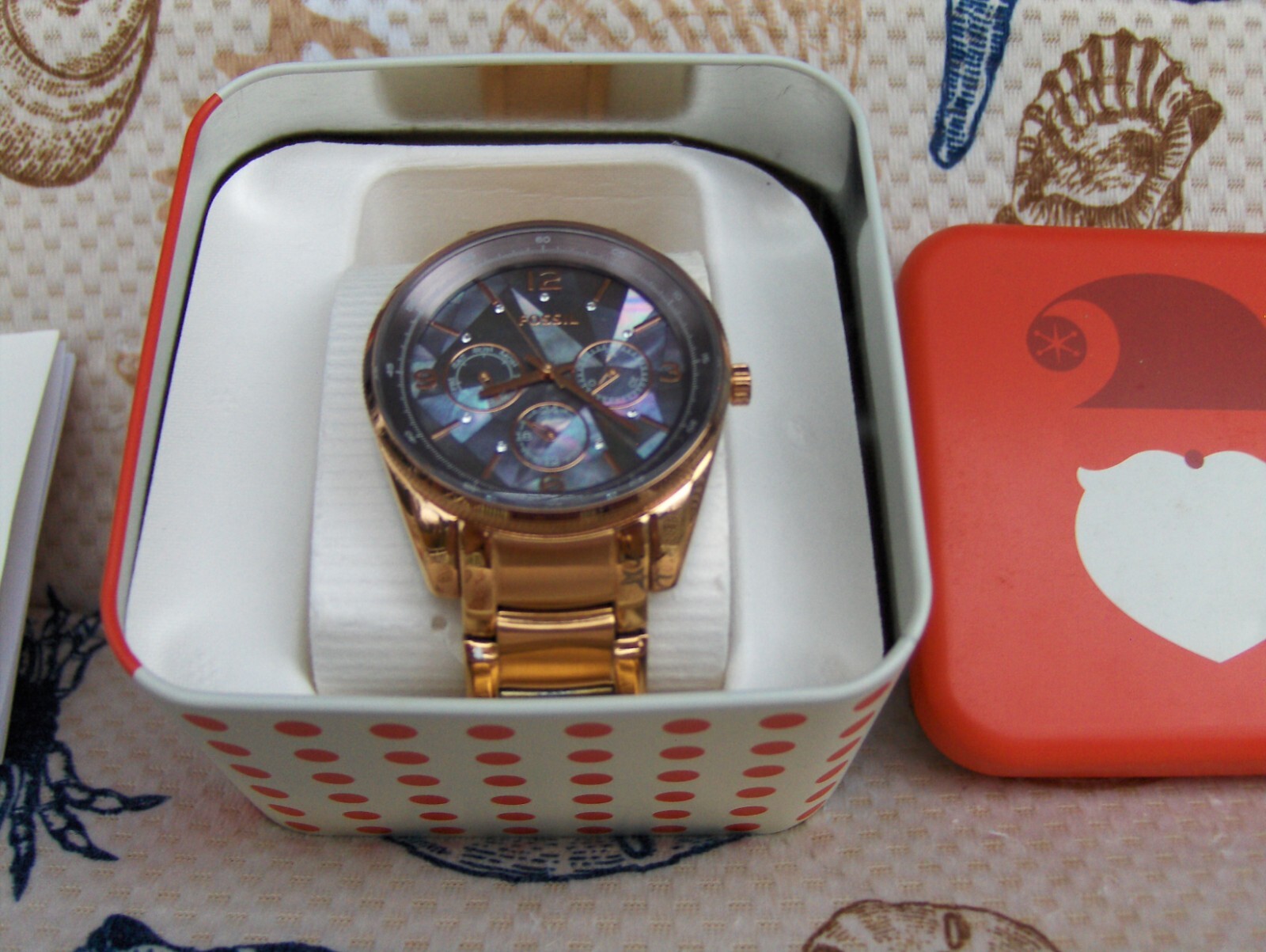 FOSSIL JUSTINE BQ 1681 ABALONE GEOMETRIC RAINBOW MOTHER OF PEARL 3 EYE FACE DIAL