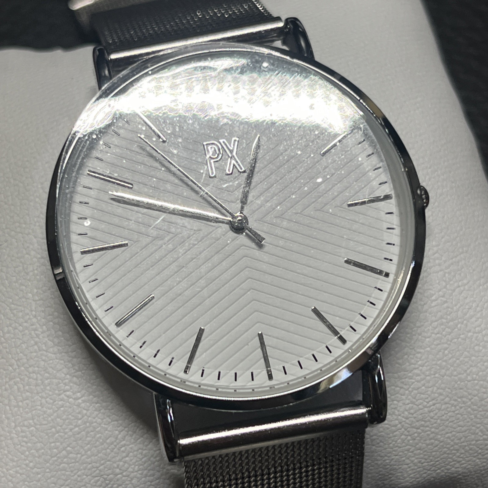 PX Premium Xpression White Dial Watch, Metal Mesh Band Stainless New Battery Box