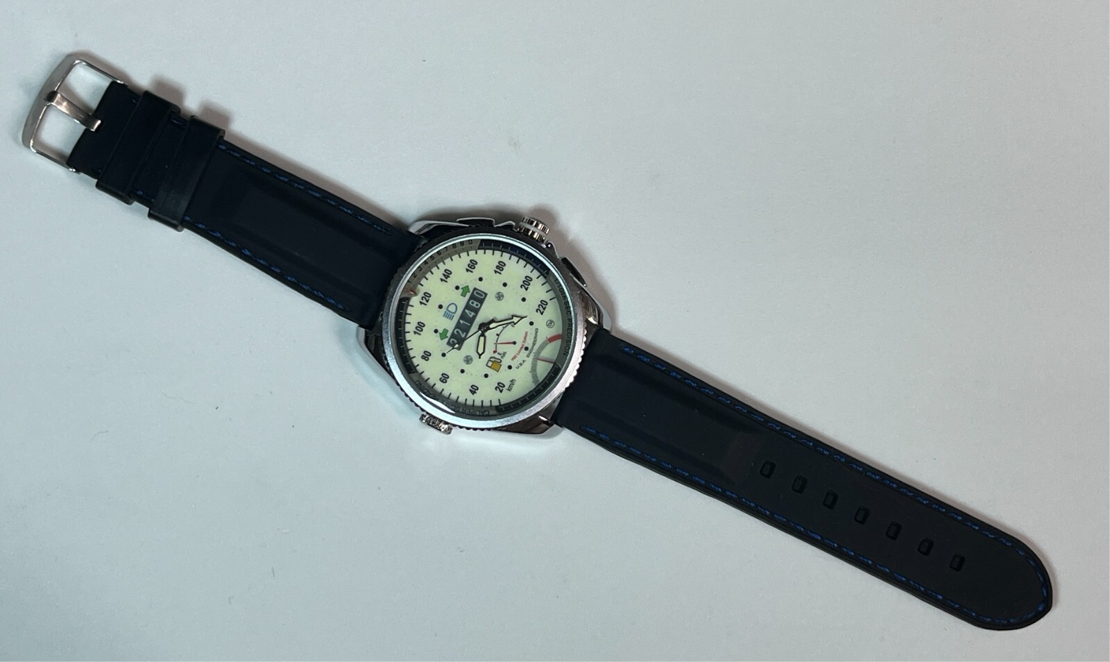 Sport Speedometer Quartz Watch 48mm Silver Case Silicone 24mm Band Luminous Dial