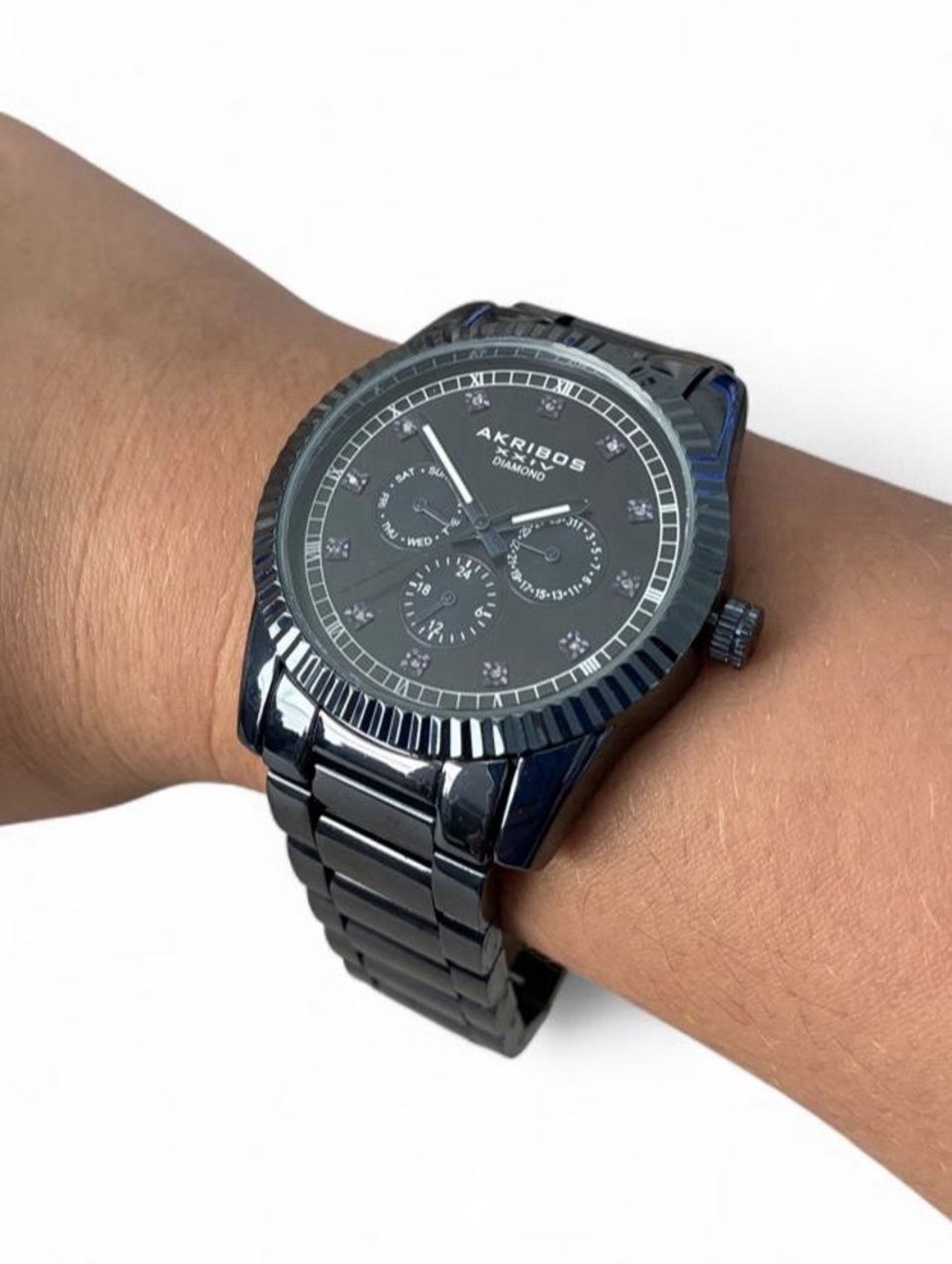 Akribos XXIV Diamond Mens Quartz Watch Black Dial Roman Numerals Bracelet