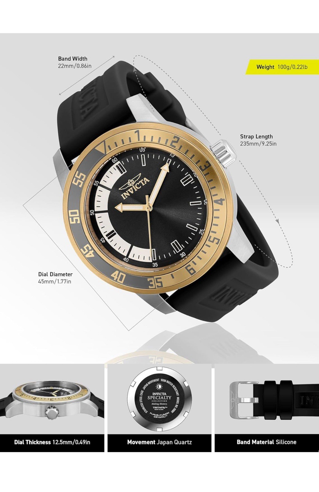 Invicta 45mm Stainless Steel Dial Silicone Strap Quartz Men’s Wristwatch (34097)