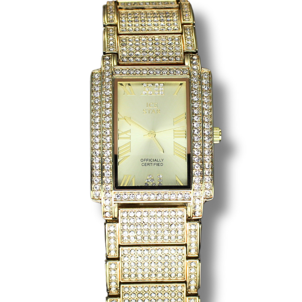 Men’s Rectangle Face Iced up Bezel 34mm CZ Gold Plated Metal Band Quartz Watch