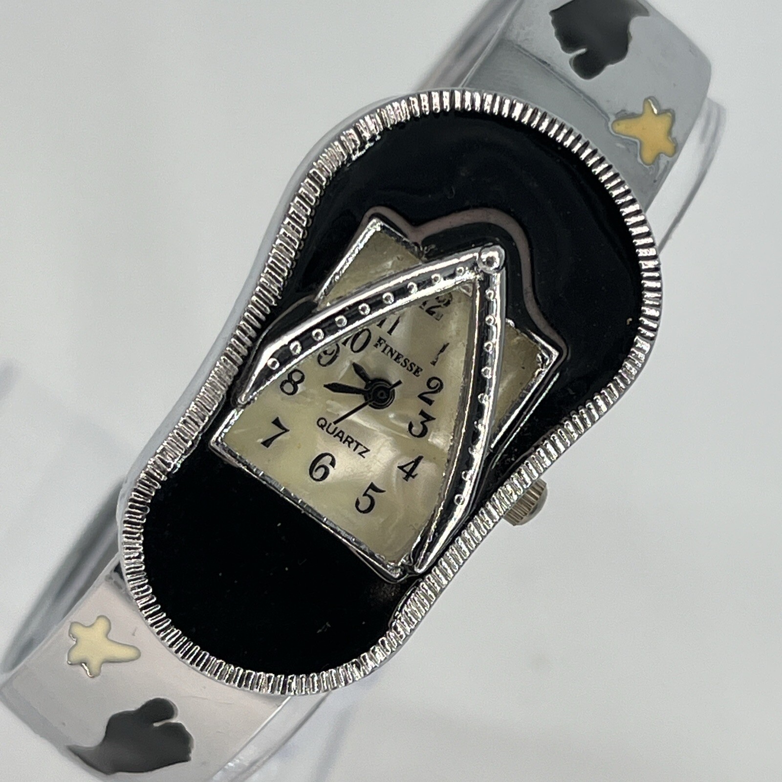Finesse Women’s Silver Cuff Watch Sandal Feet in Sand Theme Black NEW BATTERY