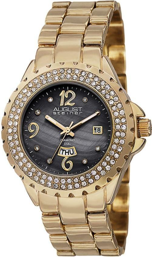 August Steiner AS8156YG Day Date Diamond Bezel MOP Dial Goldtone Womens Watch