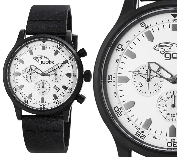 Men’s Watch Wristwatch Chronograph Silver Black Leather Strap HUA05893 Gooix