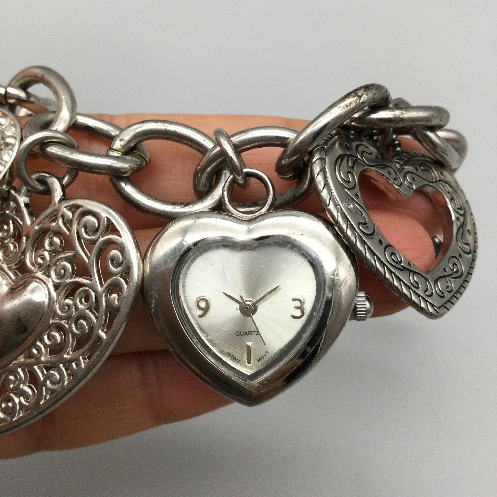 Heart Womens Watch 26mm Heart Shape Dial Silver Tone Charm Bracelet 8.25″