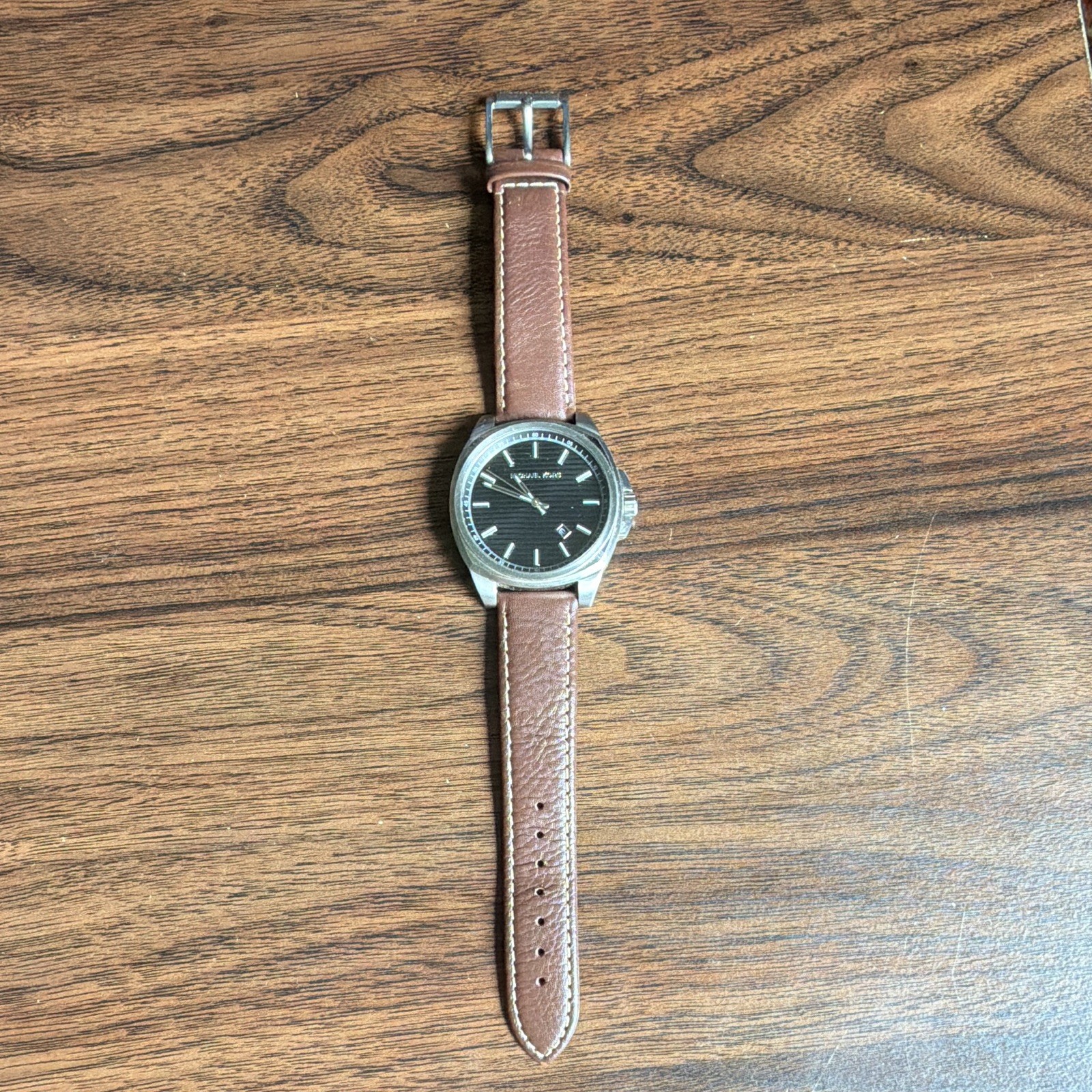 Michael Kors Men’s 44mm Quartz Watch Black Dial Date Brown Leather 50m