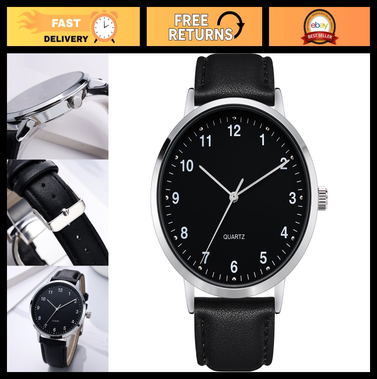 Men’s Black Large Dial Watch with Arabic Numerals & Black Belt – Modern Classic