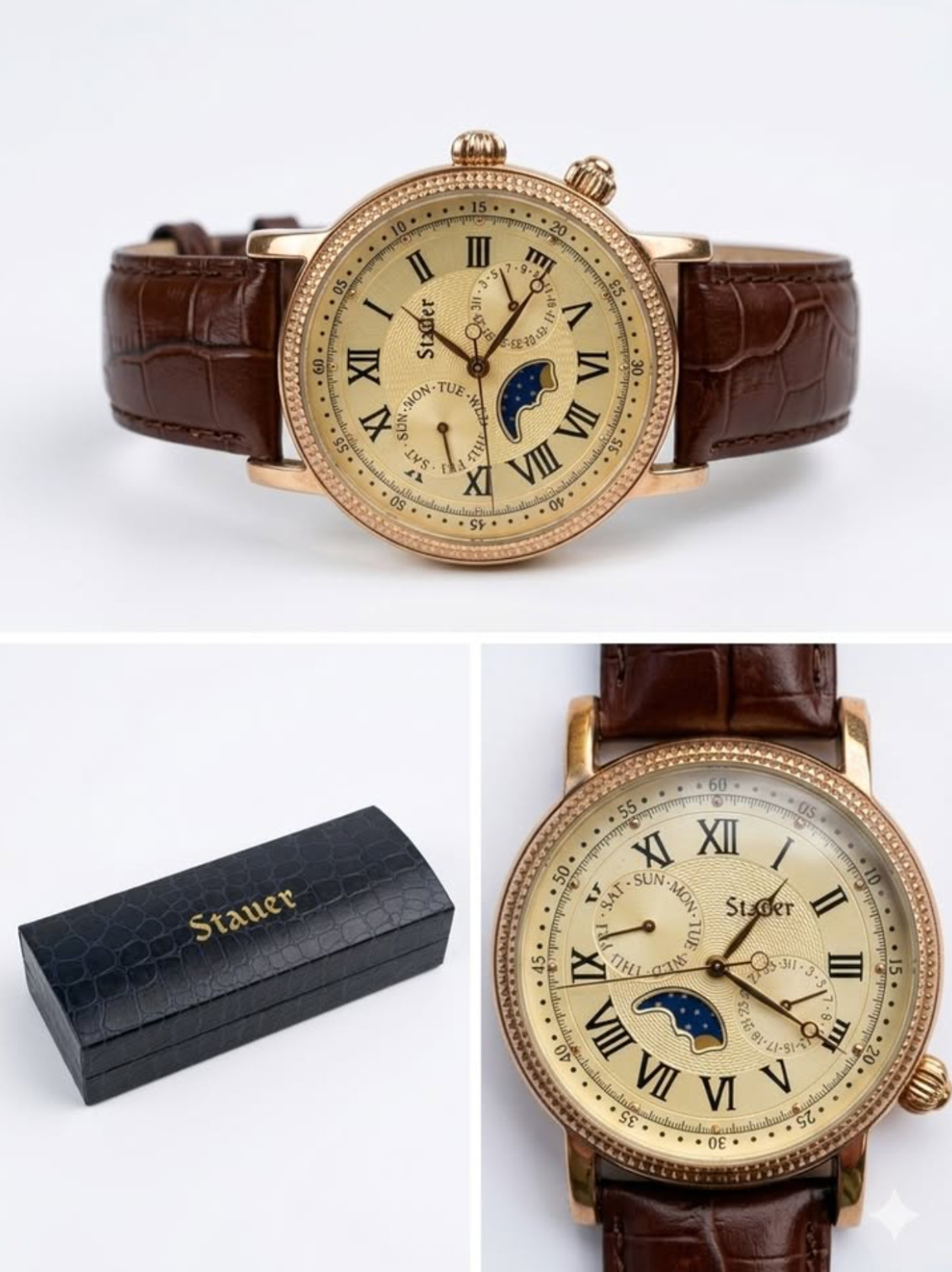 [ Brand NEW ] Stauer Beige Dial Maroon Leather Strap Quartz Watch 20390