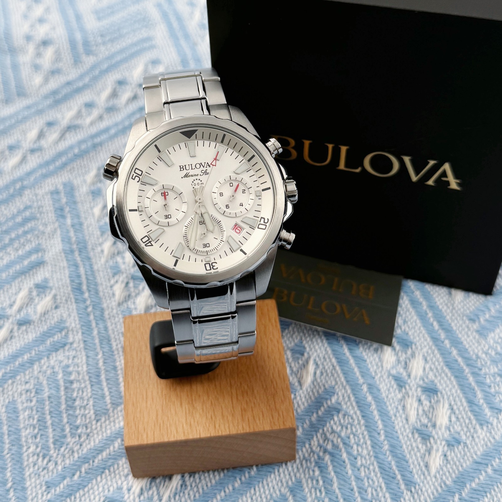 New Bulova Marine Star Chronograph Men’s Watch White Dial 43mm/96B255