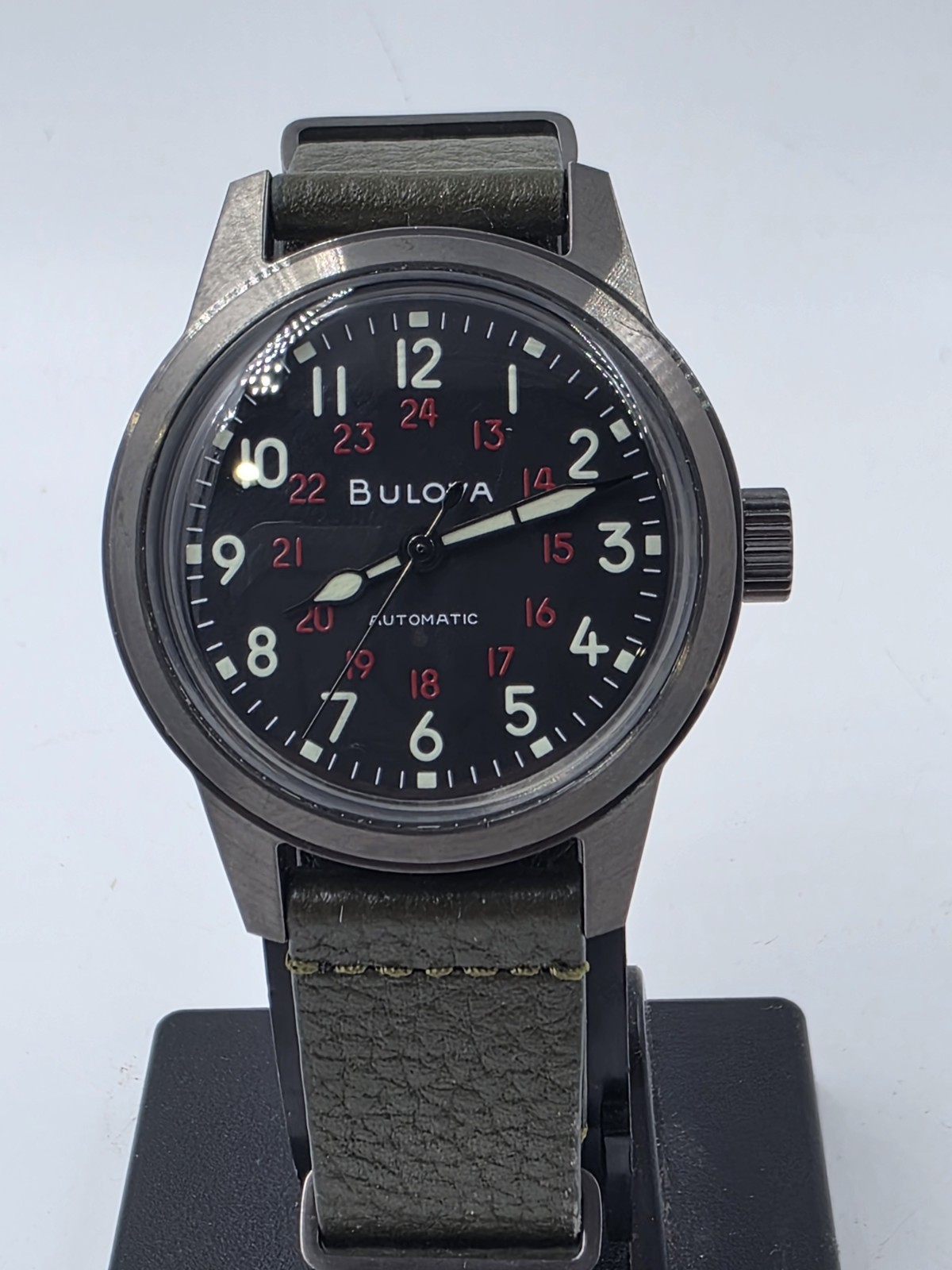 Men’s Bulova Military Hack Black Dial Green Leather Strap Automatic Watch 98A255