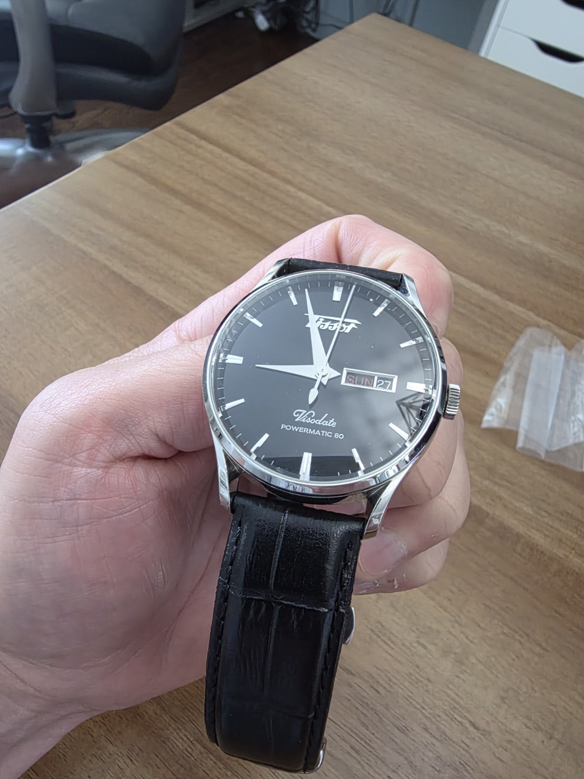 Tissot Visodate Powermatic 80 Men Automatic Black Dial Day-Date Leather Watch
