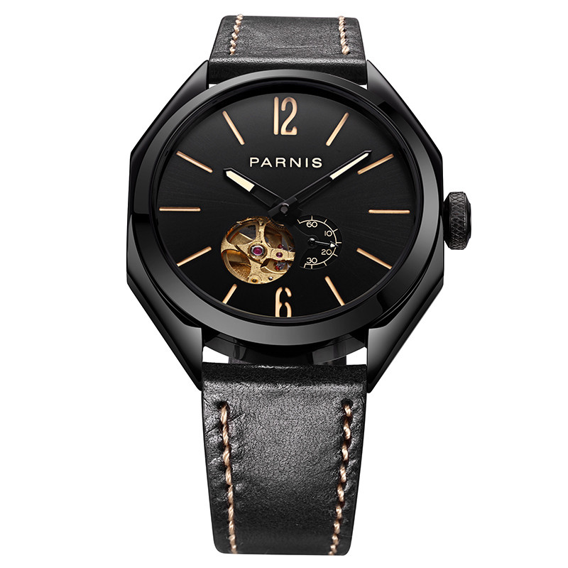 43mm Parnis Hollow Dial Miyota Automatic Movement Men’s Watch PVD Black Case New