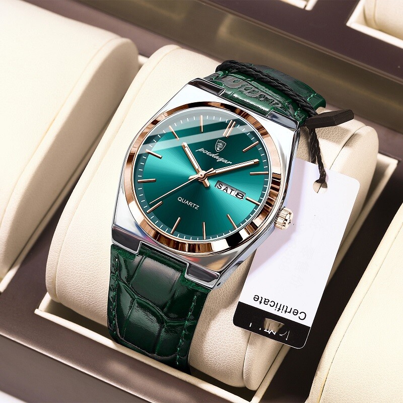 POEDAGAR Fashion Analog Men Watch Waterproof Luminous Leather Quartz Wristwatch