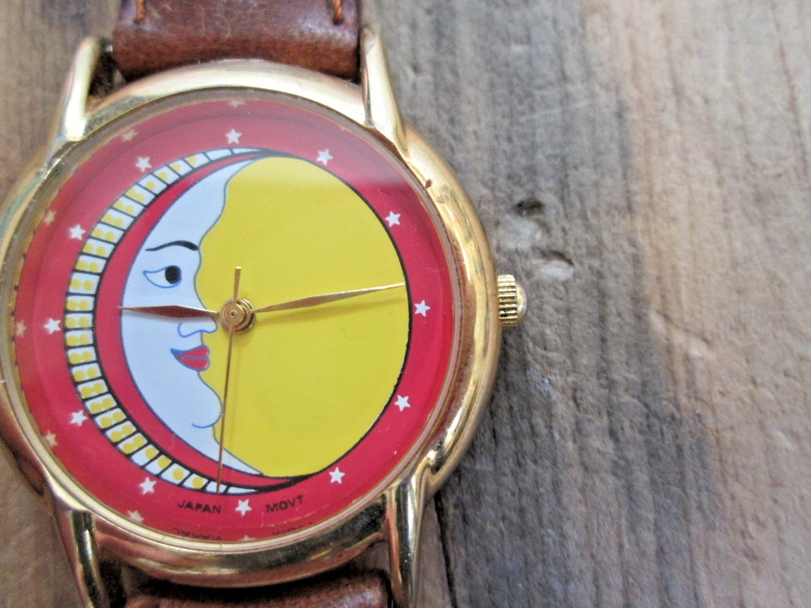 Vintage Tali Watch Moon Sun Stars Japan Movement Quartz Steel Leather Strap Gold