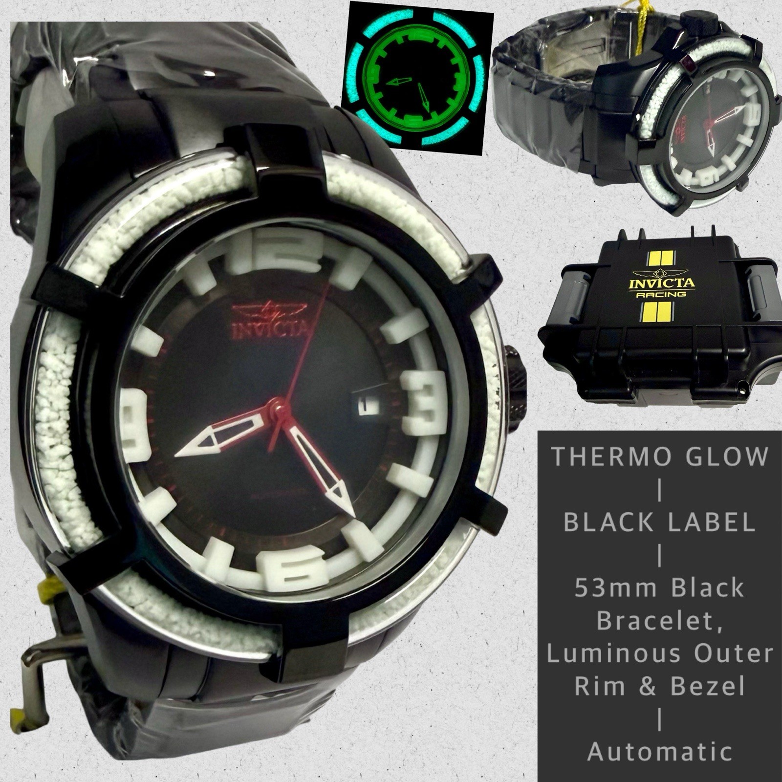 53mm Auto THERMOGLOW | BLACK LABEL | Luminous Bezel & Outer Rim | Invicta Watch