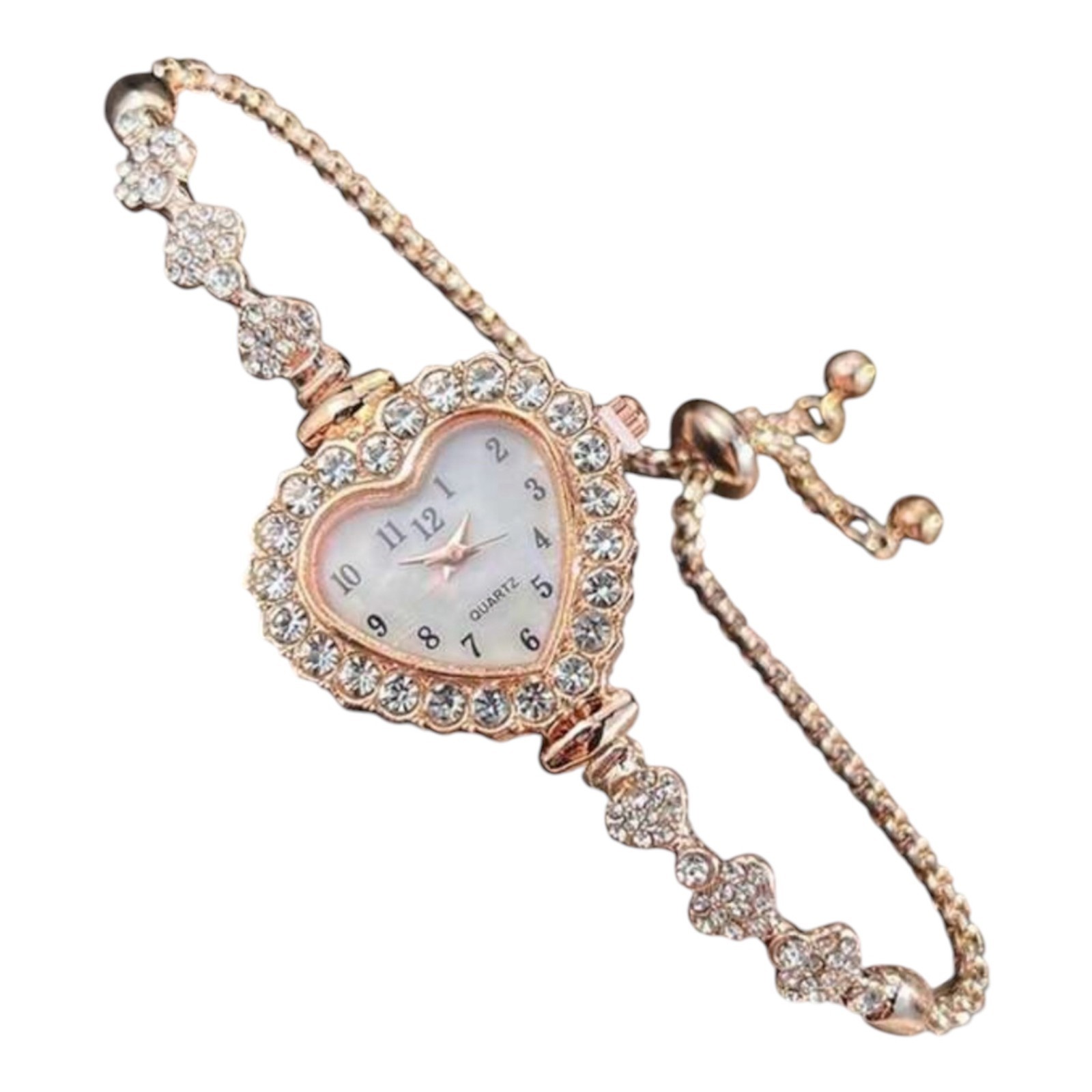Women’s Heart-Shaped Analog Quartz Bracelet Watch, Rhinestone Bezel Gold/Rose