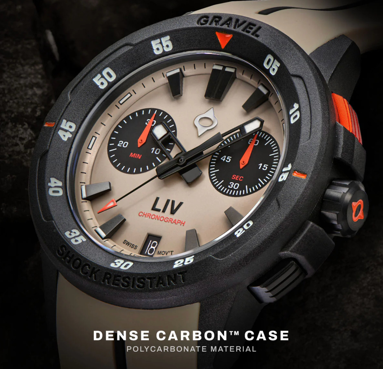 LIV Gravel 002 Cactus Gray Dense Carbon Swiss Quartz Chronograph Watch – BNIB