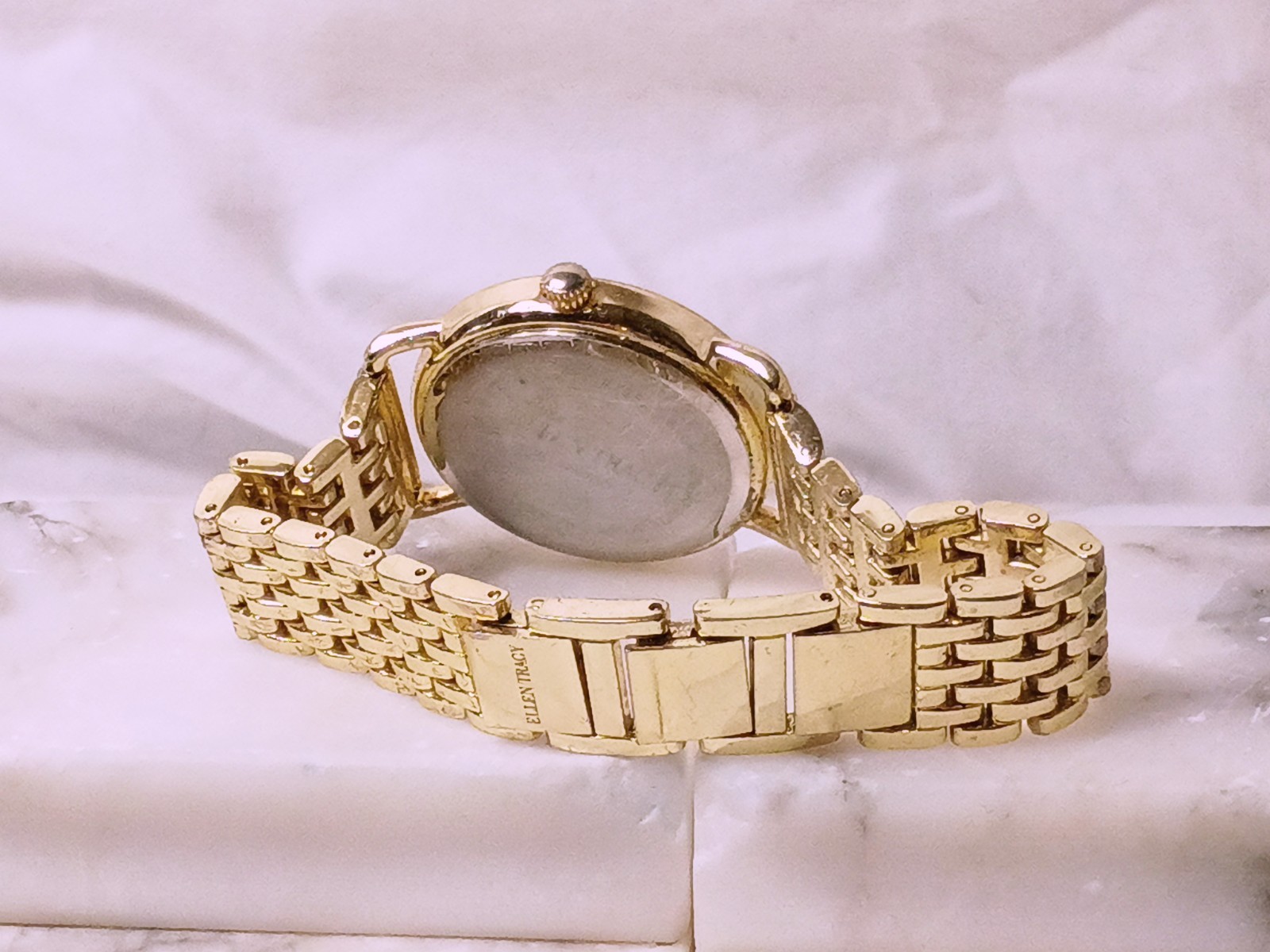 Ellen Tracy Watch Gold Tone Crystal Accent Jewelry Clasp Mother Pearl Dial Works