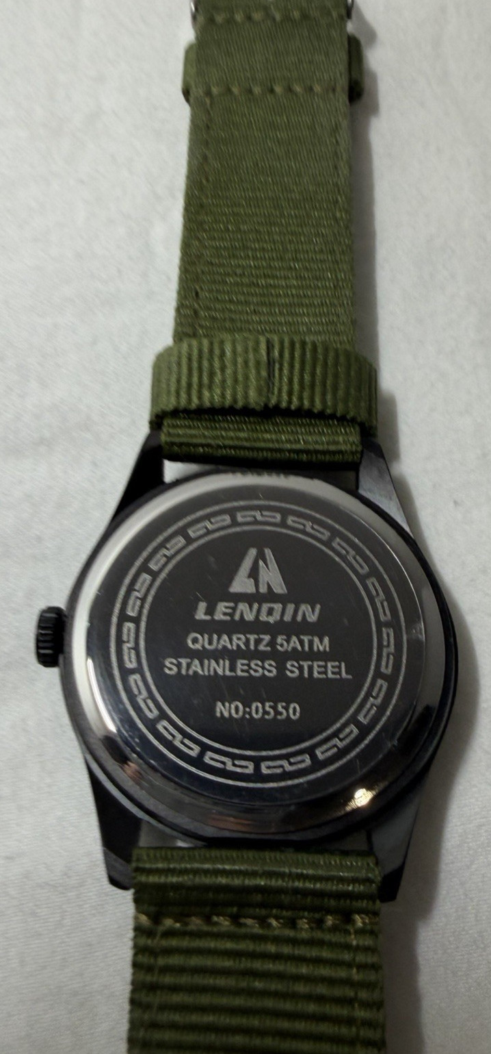 Lenqin Quartz Field Watch 50M WR Black Case Olive Green Strap Quartz 5ATM SS