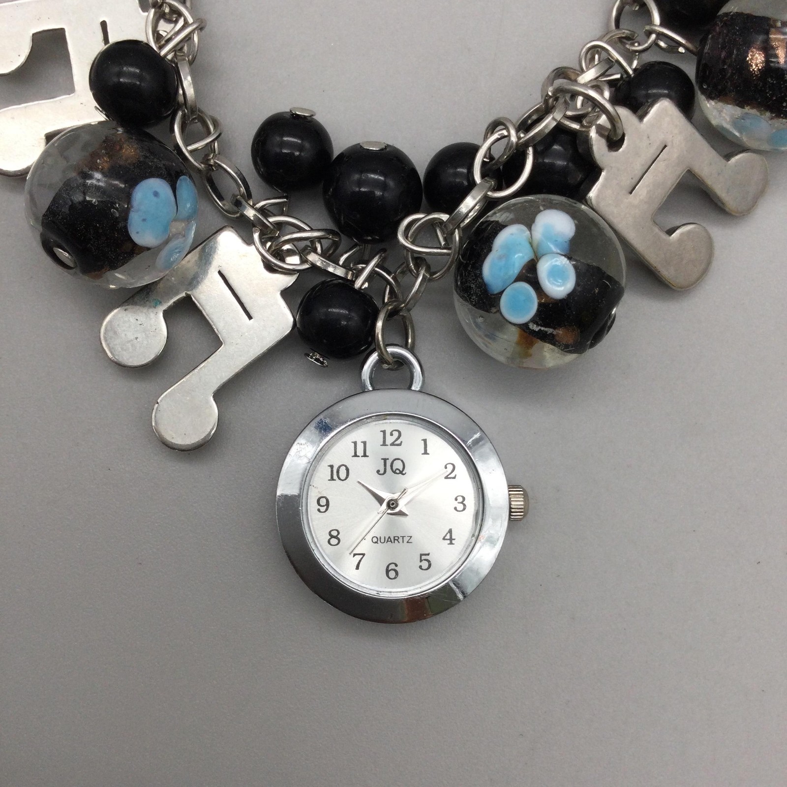 JQ Music Note Charm Bracelet Watch Womens 22mm Black Glass Beads New Battery 8″