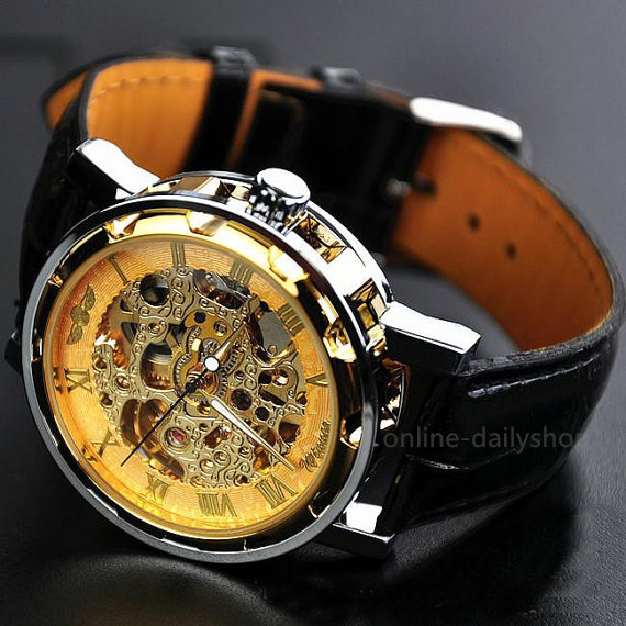 Men’s Skeleton Mechanical Wrist Watch Steampunk Luxury Black Leather Stainless