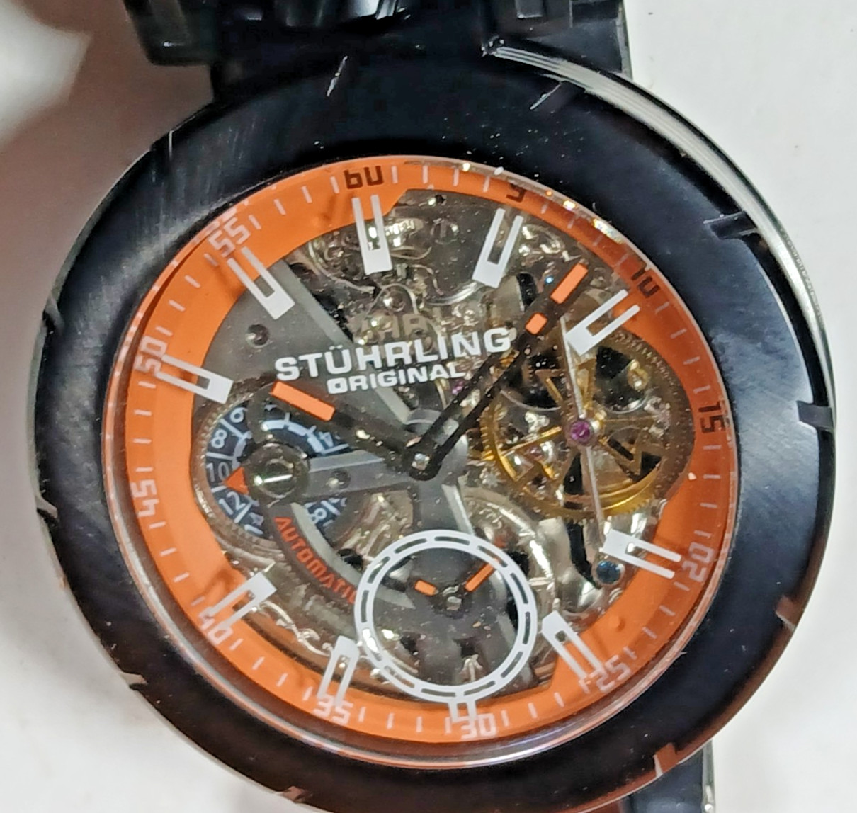 Stuhrling Original Men’s Watch Orange Black Skeleton Automatic Black NEEDS BAND