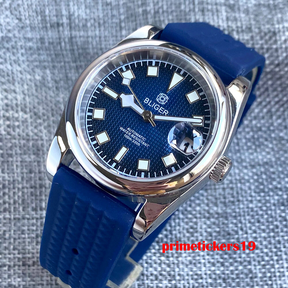 BLIGER 36mm/39mm Polished Case NH35A Automatic Men Watch Grid Dial Date Rubber