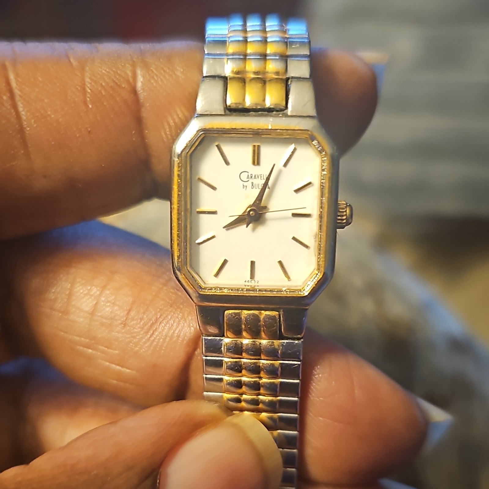 Caravelle by Bulova Quartz Rectangle Dress Watch White Dial Two-Tone Bracelet